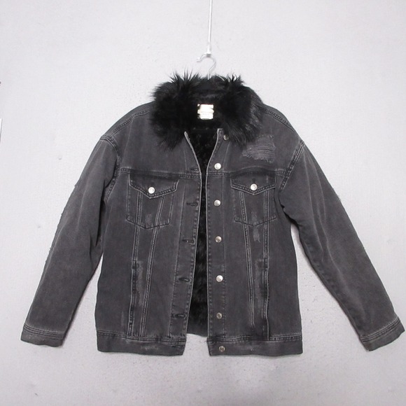 American Eagle Outfitters Jackets & Blazers - American Eagle Jean Jacket Medium Black Faux Fur Grunge‎ Punk Fade Distressed